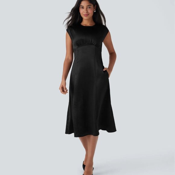 Halara satin midi dress, black, L - elegant women's office cocktail dress - Picture 2 of 7